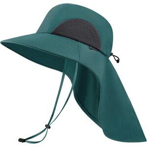 Unisex Dark Teal 100% Polyester Wide Brim Mesh Vent Neck Flap Classic Beach Hat